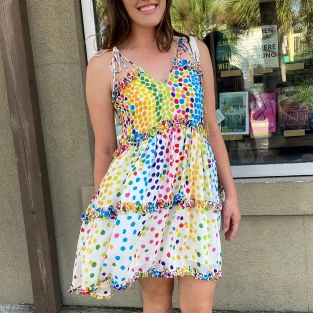All Things Mochi Rainbow Mini Dress Polkadot Silk Chiffon Ruffle Designer $365 - Picture 5 of 14
